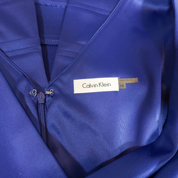 CALVIN KLEIN Sapphire Blue Satin Sleeveless Sheath Dress 16 Evening Cocktail - Picture 6 of 7